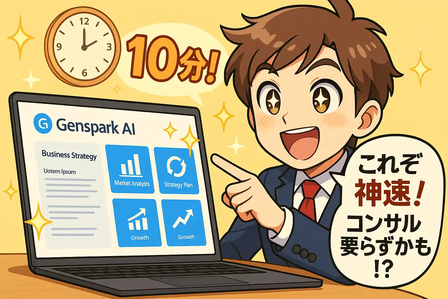 Genspark AIで作成した資料を見て驚くスーツ姿の若いビジネスマン。アニメ風の明るい背景に、10分で完成したプレゼン資料に感動する様子と『これぞ神速！コンサル要らずかも！？』という吹き出し