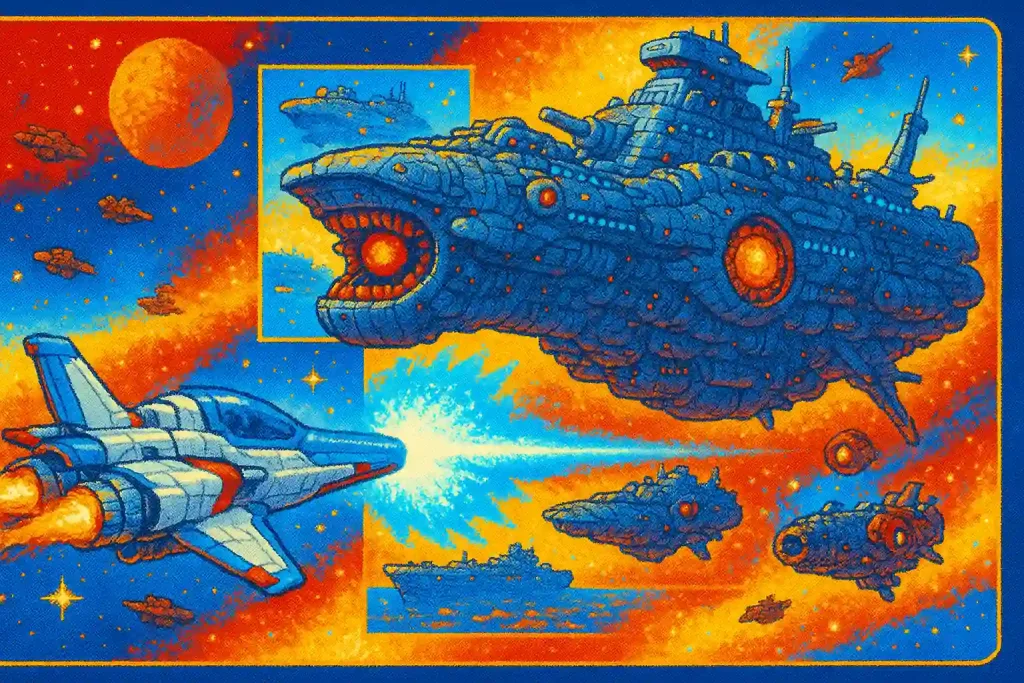 波動砲を発射する戦闘機と巨大宇宙戦艦との激しい対決が描かれたゲームパッケージ風イラスト。鮮やかな青とオレンジの宇宙空間が背景