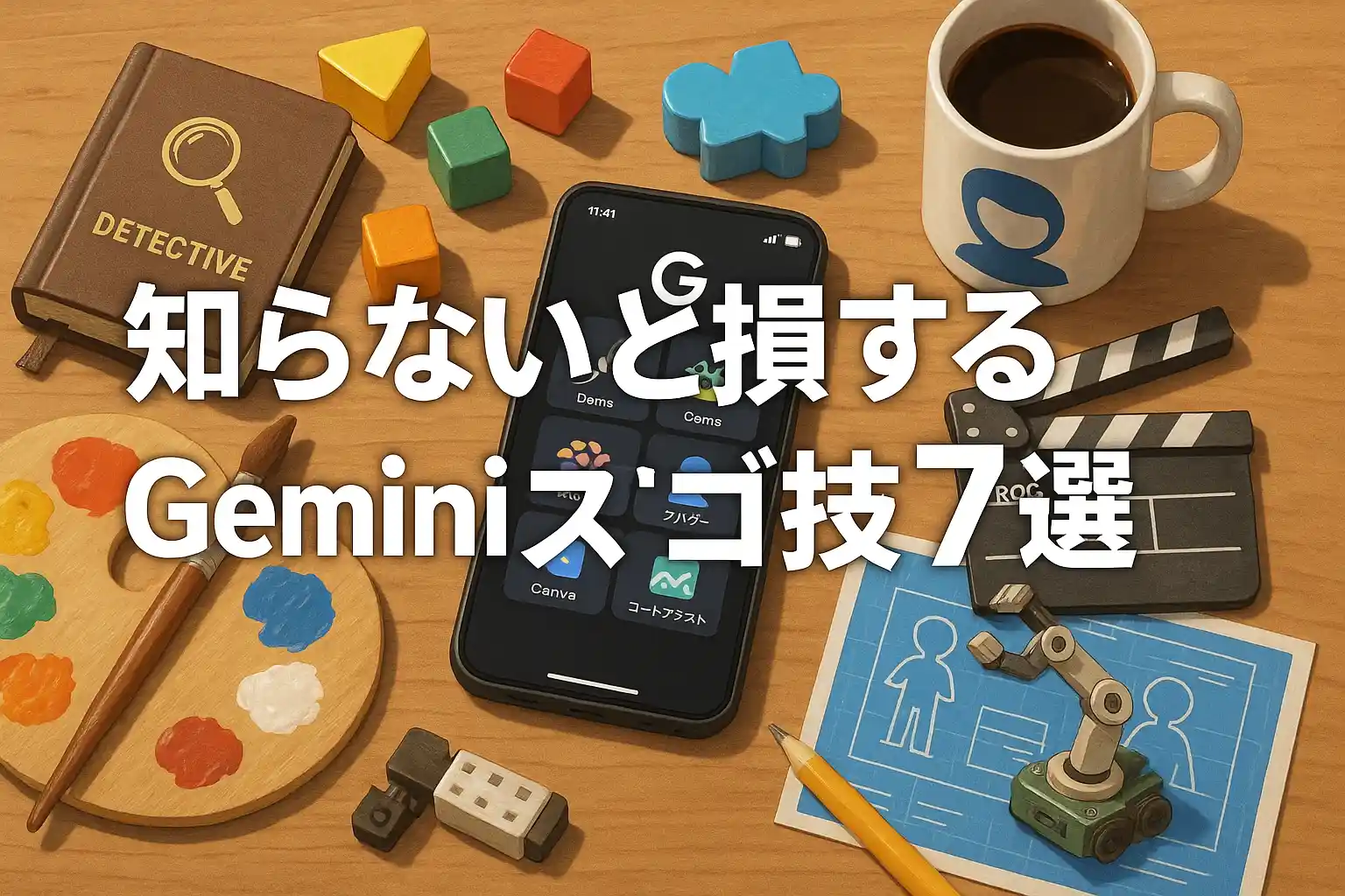 Geminiアプリの7つの新機能を象徴するアイテムが散らばる創造的なデスクの俯瞰写真。スマートフォンにはGeminiのインターフェースが表示され、探偵ノート、カラフルな積み木、カチンコ、パーソナライズされたコーヒーマグ、絵筆とパレット、設計図、コード組み立てロボットアームが配置されている。“知らないと損するGeminiスゴ技7選”という文字入り。