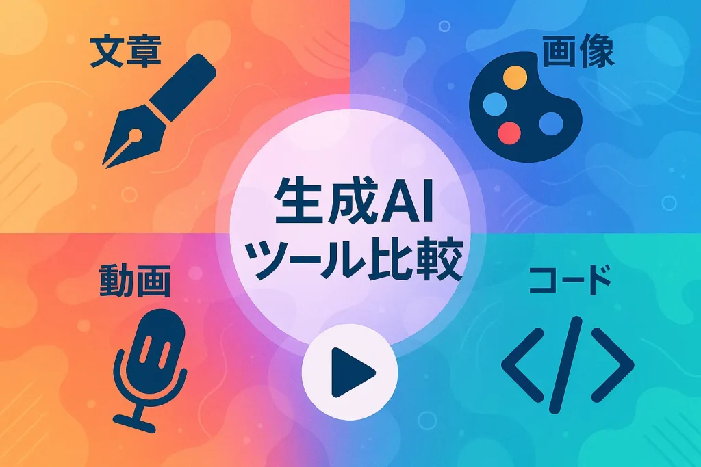 生成AIツールを用途別(文章生成、画像生成、動画生成、音声生成、コーディング支援)に比較した2025年最新ガイドのアイキャッチ画像。ペン、パレット、再生ボタン、マイク、コード括弧の5つのアイコンがカラフルな抽象背景に配置され、中央には『生成AIツール比較』のタイトルが表示されているモダンで未来的なデザイン。