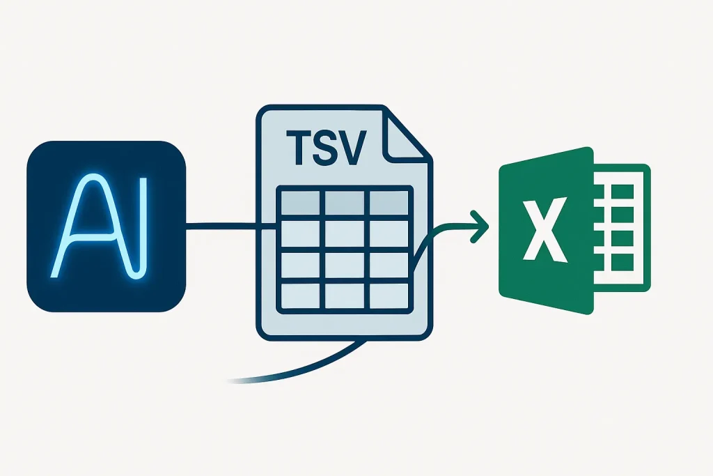 青く光るAIアイコンが、中央のTSVデータブロックを経由して、右側の緑色のExcelアイコンへとスムーズにデータを転送している様子を表すミニマルなベクターイラスト。清潔感のある青と緑の配色で、テクノロジーと自動化を象徴。
