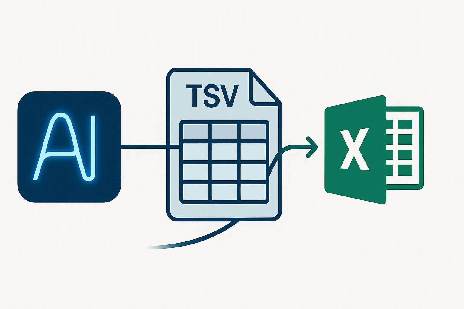 青く光るAIアイコンが、中央のTSVデータブロックを経由して、右側の緑色のExcelアイコンへとスムーズにデータを転送している様子を表すミニマルなベクターイラスト。清潔感のある青と緑の配色で、テクノロジーと自動化を象徴。