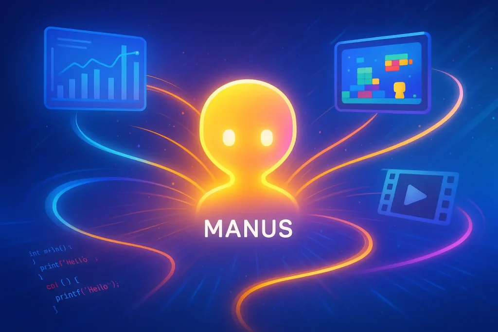 AIエージェント「Manus」の中核から、マーケットレポート、ゲーム開発、動画解析、プログラミングなどのタスクが光でつながる未来的インターフェースを描いたデジタルイラスト