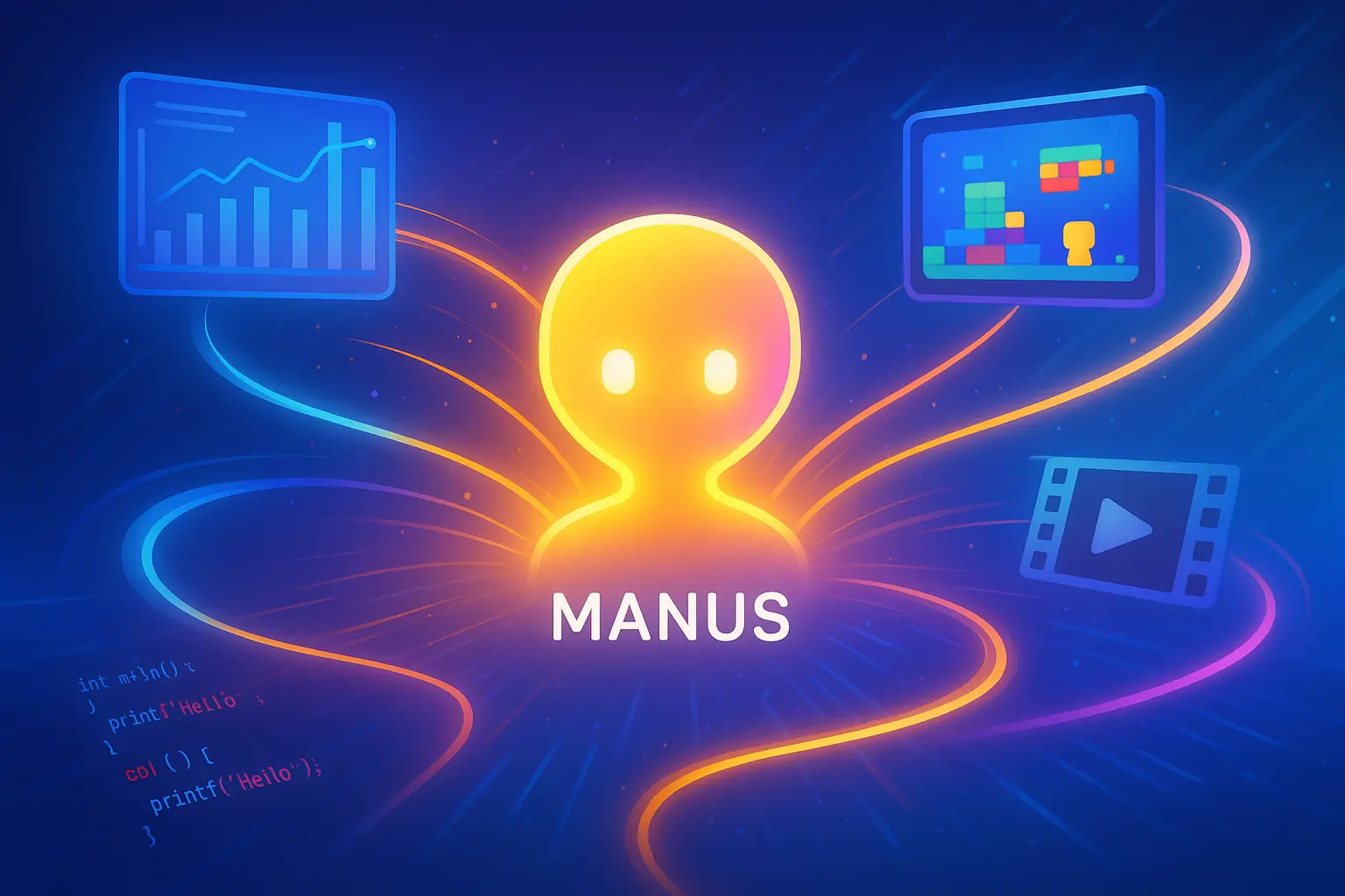 AIエージェント「Manus」の中核から、マーケットレポート、ゲーム開発、動画解析、プログラミングなどのタスクが光でつながる未来的インターフェースを描いたデジタルイラスト